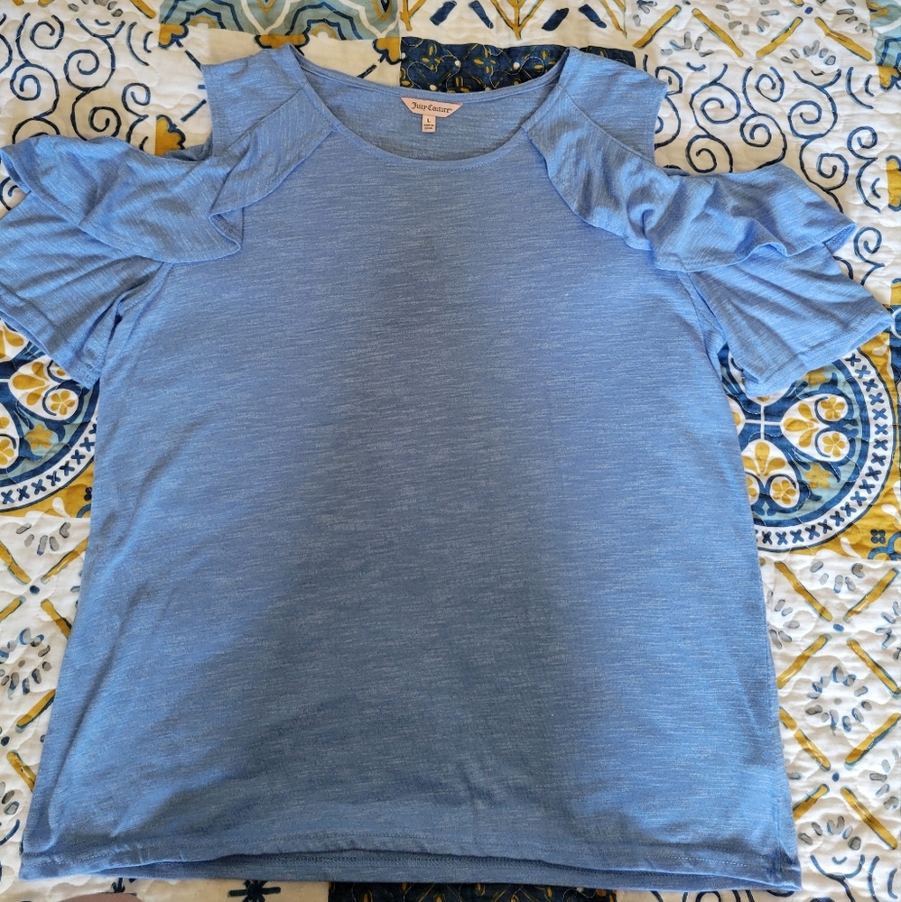 Juicy Couture Women's Cold Shoulder Short Sleeve Blouse Large Blue